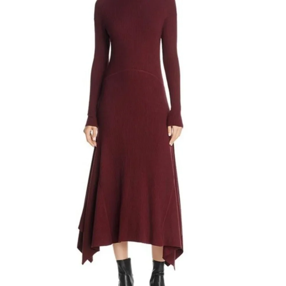 Theory Panel Knit Dress Dark Current Burgundy Fitted Sweater Assymetric‎ Dress P - Picture 4 of 6